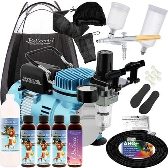 Pro  Airbrush Sunless Tanning System; Pint of Simple Tan 8% DHA Salon Sunless Tanning Solution, 4 Solution Variety Pack, Tent & Accessories