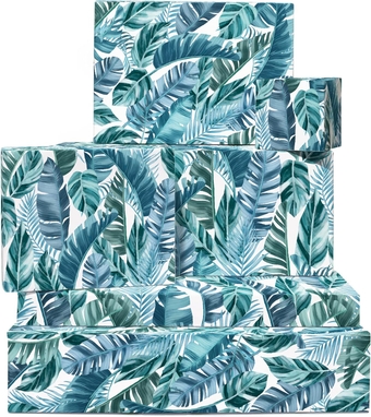 Blue Wrapping Paper - 6 Sheets of Gift Wrap with Tags - Jungle Leaves - Leaf Wrapping Paper for Men and Women - Plant Mom - Comes with Stickers - Eco Wrapping Paper