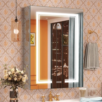 24×32 Inch LED Medicne Cabinet Mirror with Storage and Lights, Dimmer, Defogger, 3 Color Temperature, 2 Outlets & USBs, 3 Shelves Capacity, Bathroom Cabinet Wall Mounted Recessed/Surface, Left