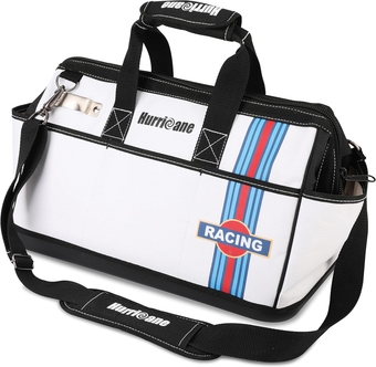 16 inch Wide Mouth Tool Bag with Water Proof Molded Base with Extra Shoulder Strap, Upgrade Version, Racing theme-White, Multi Pockets, Large Inner Space